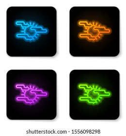 Glowing neon Fog and sun icon isolated on white background. Black square button. Vector Illustration