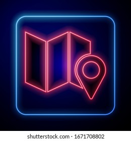 Mapa de neón inclinado doblado con icono de marcador de posición aislado en fondo azul.  Ilustración vectorial