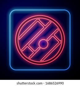 Glowing neon Folded map with location marker icon isolated on blue background.  Vector Illustration