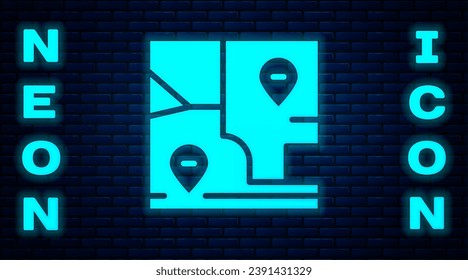 Glowing neon Folded map with location marker icon isolated on brick wall background.  Vector