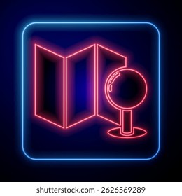 Glowing neon Folded map with push pin icon isolated on blue background.  Vector Illustration