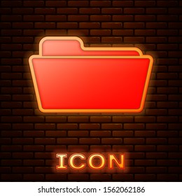 Glowing neon Folder icon isolated on brick wall background.  Vector Illustration
