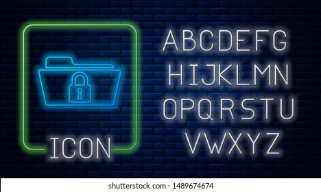 Glowing neon Folder and lock icon isolated on brick wall background. Closed folder and padlock. Security, safety, protection concept. Neon light alphabet. Vector Illustration
