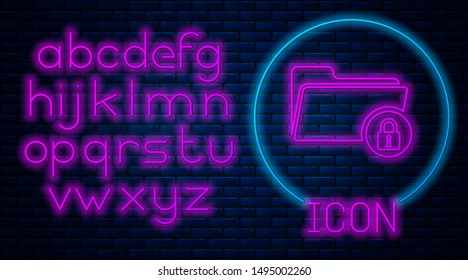 Glowing neon Folder and lock icon isolated on brick wall background. Closed folder and padlock. Security, safety, protection concept. Neon light alphabet. Vector Illustration