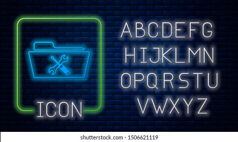 Glowing neon Folder with screwdriver and wrench icon isolated on brick wall background. Adjusting, service, setting, maintenance, repair, fixing. Neon light alphabet. Vector Illustration