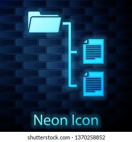 Glowing neon Folder tree icon isolated on brick wall background. Computer network file folder organization structure flowchart. Vector Illustration