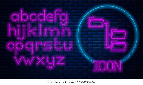Glowing neon Folder tree icon isolated on brick wall background. Computer network file folder organization structure flowchart. Neon light alphabet. Vector Illustration
