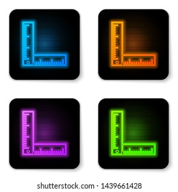 Glowing neon Folding ruler icon isolated on white background. Black square button. Vector Illustration