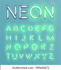 Glowing neon font set , vector illustration