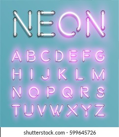 Glowing neon font set , vector illustration