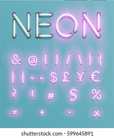 Glowing neon font set , vector illustration