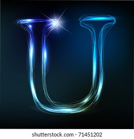 Glowing neon font. Shiny letter U