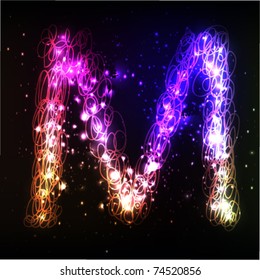 Glowing neon font. Shiny letter M
