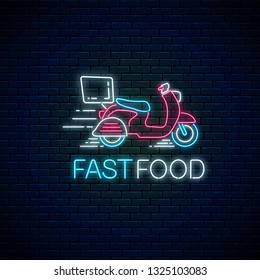 Glowing neon food fast delivery sign with delivering scooter on dark brick wall background. Fast delivery symbol in neon style. Vector illustration.