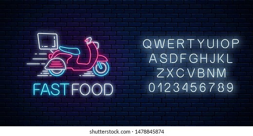 Glowing neon food fast delivery sign with delivering scooter with alphabet on dark brick wall background. Fast delivery symbol in neon style. Vector illustration.