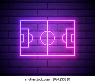 Glowing neon Football field or soccer field icon isolated on brick wall background. Vector Illustration.