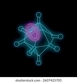 Glowing neon forbidden sign hovering over abstract geometric structure with interconnected nodes