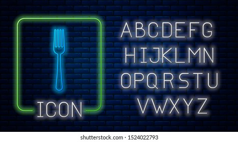 Glowing neon Fork icon isolated on brick wall background. Cutlery symbol. Neon light alphabet. Vector Illustration