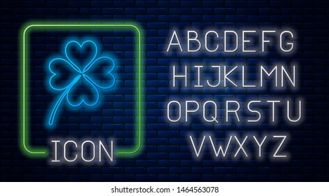 Glowing neon Four leaf clover icon isolated on brick wall background. Happy Saint Patrick day. Neon light alphabet. Vector Illustration