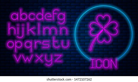 Glowing neon Four leaf clover icon isolated on brick wall background. Happy Saint Patrick day. Neon light alphabet. Vector Illustration
