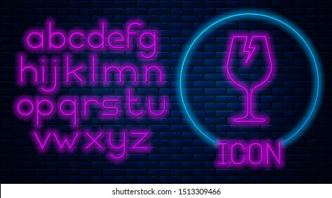Glowing neon Fragile broken glass symbol for delivery boxes icon isolated on brick wall background. Neon light alphabet. Vector Illustration
