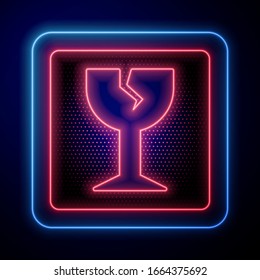 Glowing neon Fragile broken glass symbol for delivery boxes icon isolated on blue background.  Vector Illustration