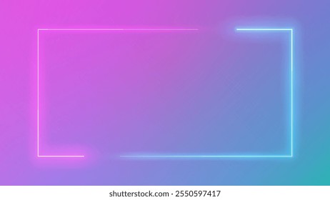 Glowing neon frame. Bright lighting smoky border on pink and blue  background. Vector design