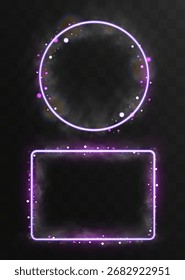 Leuchtender Neonrahmen mit violetten Lichtteilchen und Linsenfackel einzeln auf transparentem Hintergrund.