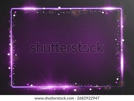 Glowing neon frame with purple light particles and lens flare isolated on transparent background.