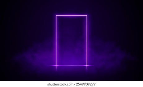 Marco de neón brillante con humo. Puerta de neón de alta tecnología, portal púrpura futurista, borde mágico ahumado. Ilustración vectorial