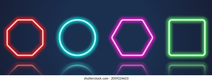 Glowing Neon Frames on Dark Blue Background Set. Frames with Neon Colored Border in Different Geometric Shapes. Collection of Shiny Neon Frames with Reflection Effect. Isolated Vector Illustration.