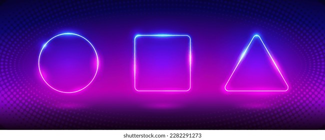 Glowing Neon Frames Set. Round, square and triangle shapes. Banner Template. Stock vector clipart with copy space.