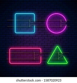 Glowing neon frames square, circle, rectangle, triangle shapes. Neon light banners set. Realistic glow signboard. Vector illustration. Glowing borders for empty place for text or inscription