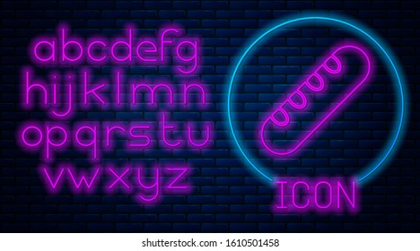 Glowing neon French baguette bread icon isolated on brick wall background. Neon light alphabet. Vector Illustration