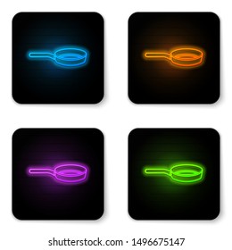 Glowing neon Frying pan icon isolated on white background. Fry or roast food symbol. Black square button. Vector Illustration