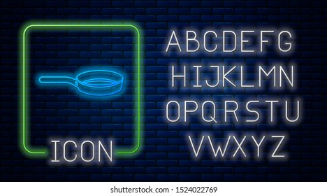 Glowing neon Frying pan icon isolated on brick wall background. Fry or roast food symbol. Neon light alphabet. Vector Illustration