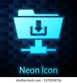 Glowing neon FTP folder download icon on brick wall background. Concept of software update, transfer protocol, router, teamwork tool management, copy process. Vector Illustration