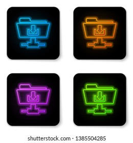 Glowing neon FTP folder download icon on white background. Concept of software update, transfer protocol, router, teamwork tool management, copy process. Black square button. Vector Illustration