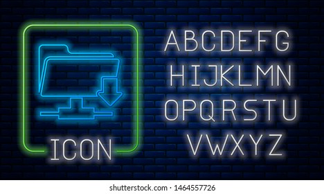 Glowing neon FTP folder download icon isolated on brick wall background. Software update, transfer protocol, router, teamwork tool management, copy process. Neon light alphabet. Vector Illustration
