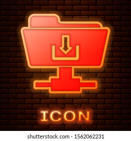 Glowing neon FTP folder download icon isolated on brick wall background. Software update, transfer protocol, router, teamwork tool management, copy process.  Vector Illustration