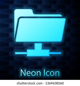 Glowing neon FTP folder icon on brick wall background. Concept of software update, ftp transfer protocol, router, teamwork tool management, copy process, info. Vector Illustration