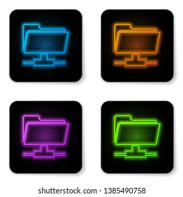 Glowing neon FTP folder icon on white background. Concept of software update, ftp transfer protocol, router, teamwork tool management, copy process, info. Black square button. Vector Illustration