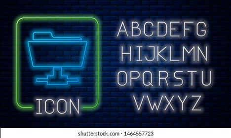 Glowing neon FTP folder icon isolated on brick wall background. Software update, transfer protocol, router, teamwork tool management, copy process, info. Neon light alphabet. Vector Illustration