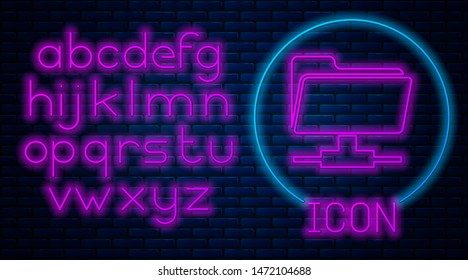 Glowing neon FTP folder icon isolated on brick wall background. Software update, transfer protocol, router, teamwork tool management, copy process, info. Neon light alphabet. Vector Illustration