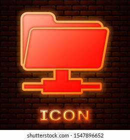 Glowing neon FTP folder icon isolated on brick wall background. Software update, transfer protocol, router, teamwork tool management, copy process, info.  Vector Illustration