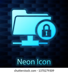 Glowing neon FTP folder and lock icon isolated on brick wall background. Concept of software update, ftp transfer protocol. Security, safety, protection concept. Vector Illustration