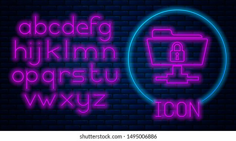 Glowing neon FTP folder and lock icon on brick wall background. Concept of software update, ftp transfer protocol. Security, safety, protection concept. Neon light alphabet. Vector Illustration