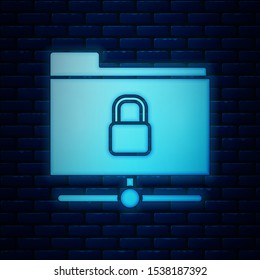 Glowing neon FTP folder and lock icon isolated on brick wall background. Concept of software update. Security, safety, protection concept.  Vector Illustration