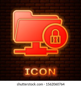 Glowing neon FTP folder and lock icon isolated on brick wall background. Concept of software update, ftp transfer protocol. Security, safety, protection concept.  Vector Illustration