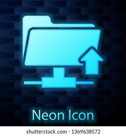 Glowing neon FTP folder upload icon on brick wall background. Concept of software update, transfer protocol, router, teamwork tool management, copy process. Vector Illustration